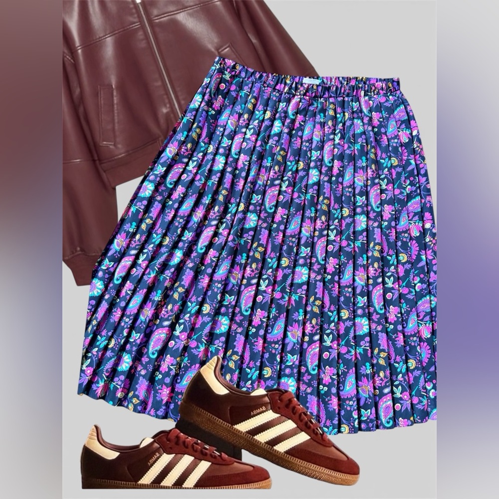 Vintage Floral Blue purple Pleated Skirt